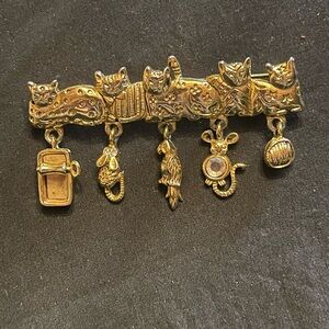 Vintage Whimsical Gold Cat Brooch with Charms
